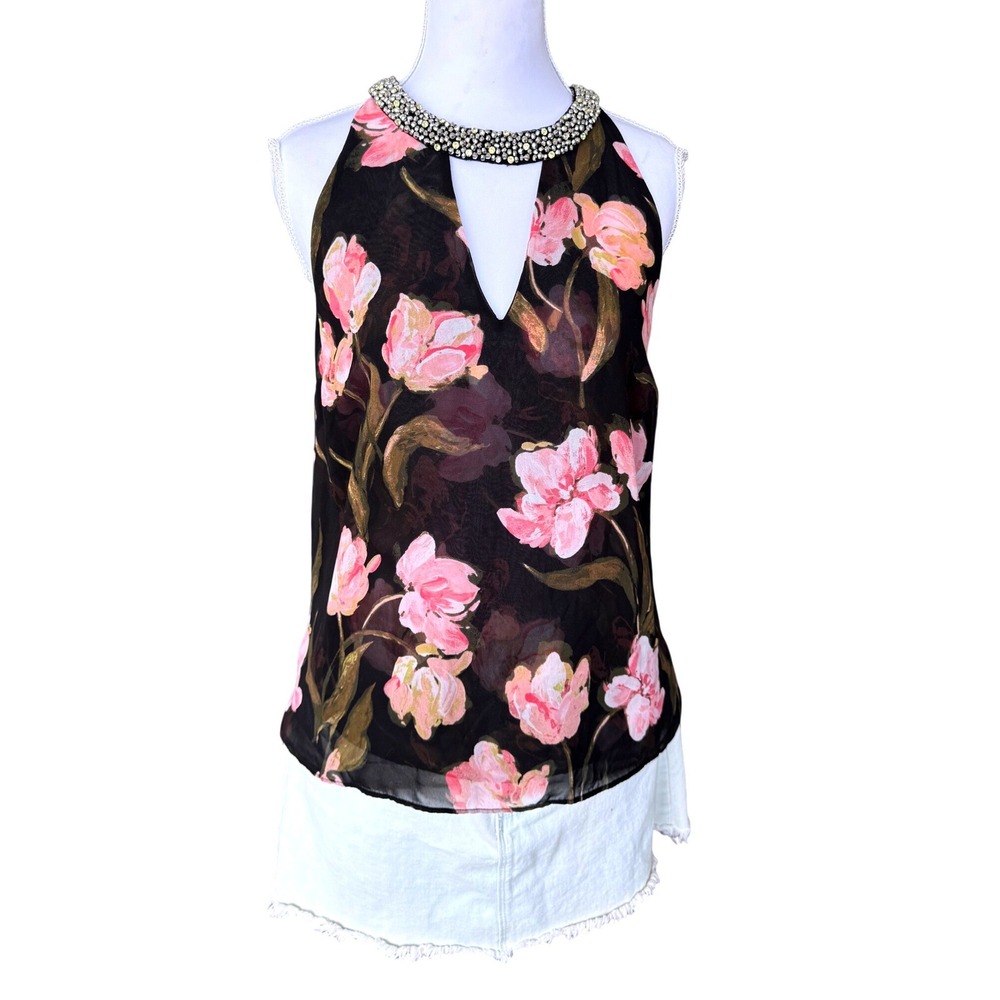 Y2K Chiffon Tunic Top Rhinestone Tank Neck Blouse Whimsy Floral Jennifer Lopez M